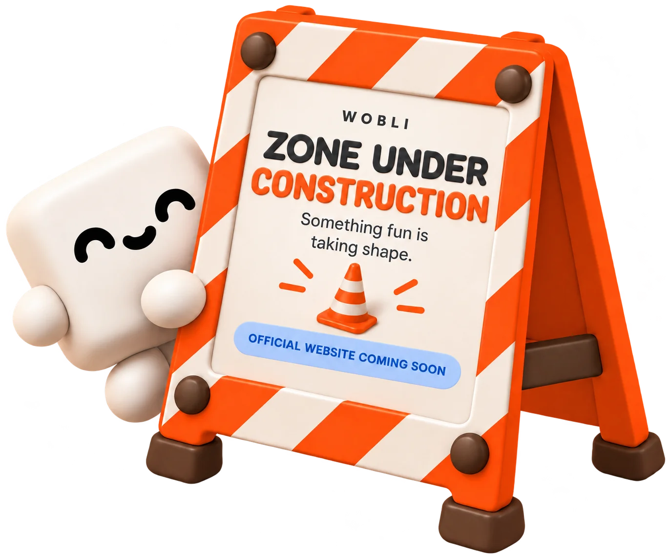 Wobli character beside a construction sign